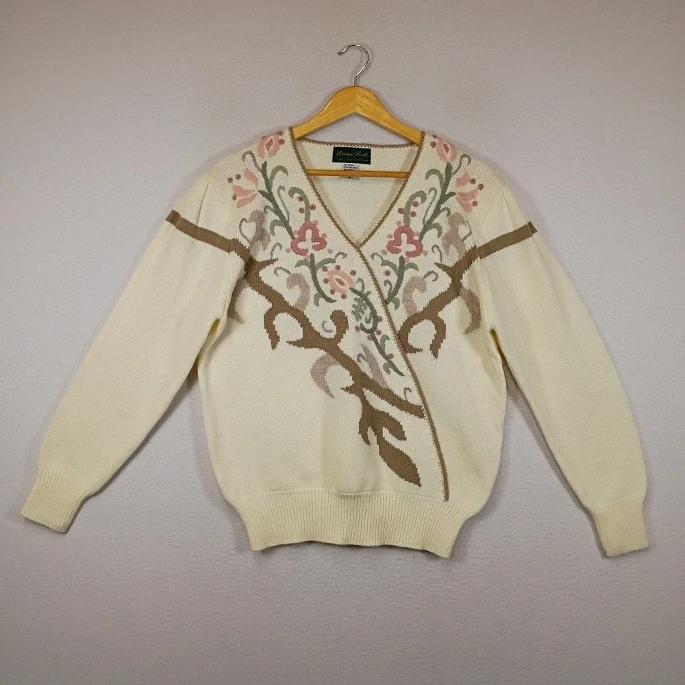 Cottagecore Dana Scott Womens Large Cream Floral Embroidered Faux Wrap Sweater